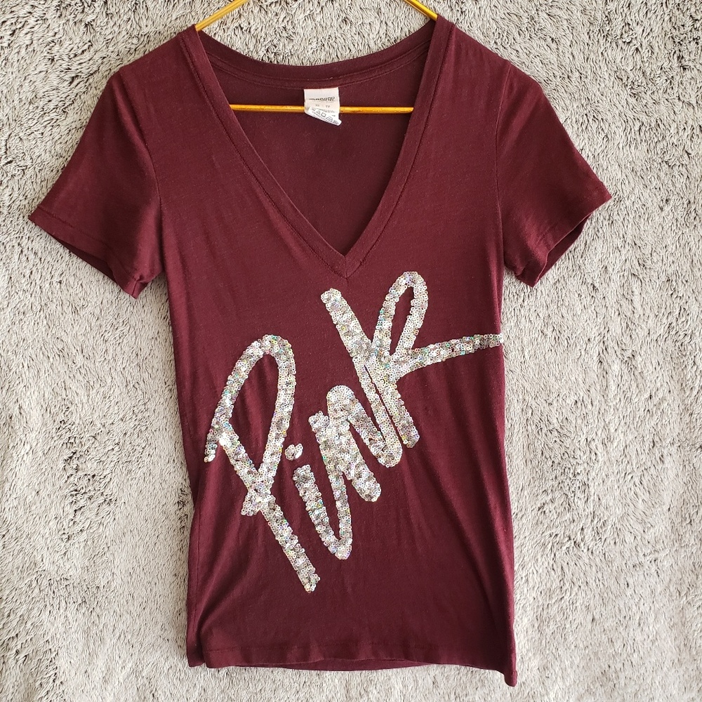 Used Sz XS VS PINK Sequin Logo T-Shirt V-Neck